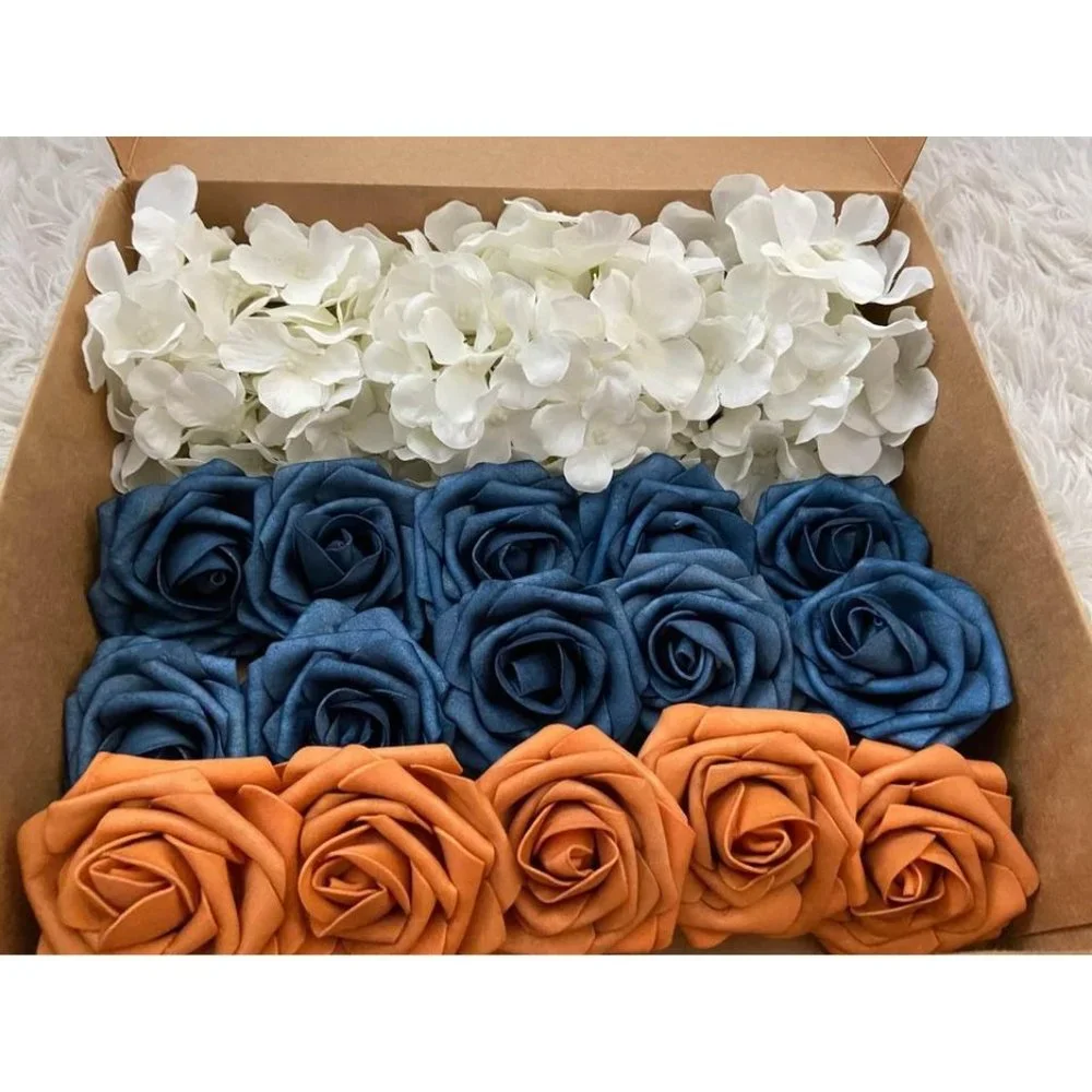 20 Count | Dusty Blue Burnt Orange Roses White Hydrangeas Bouquet Centerpiece